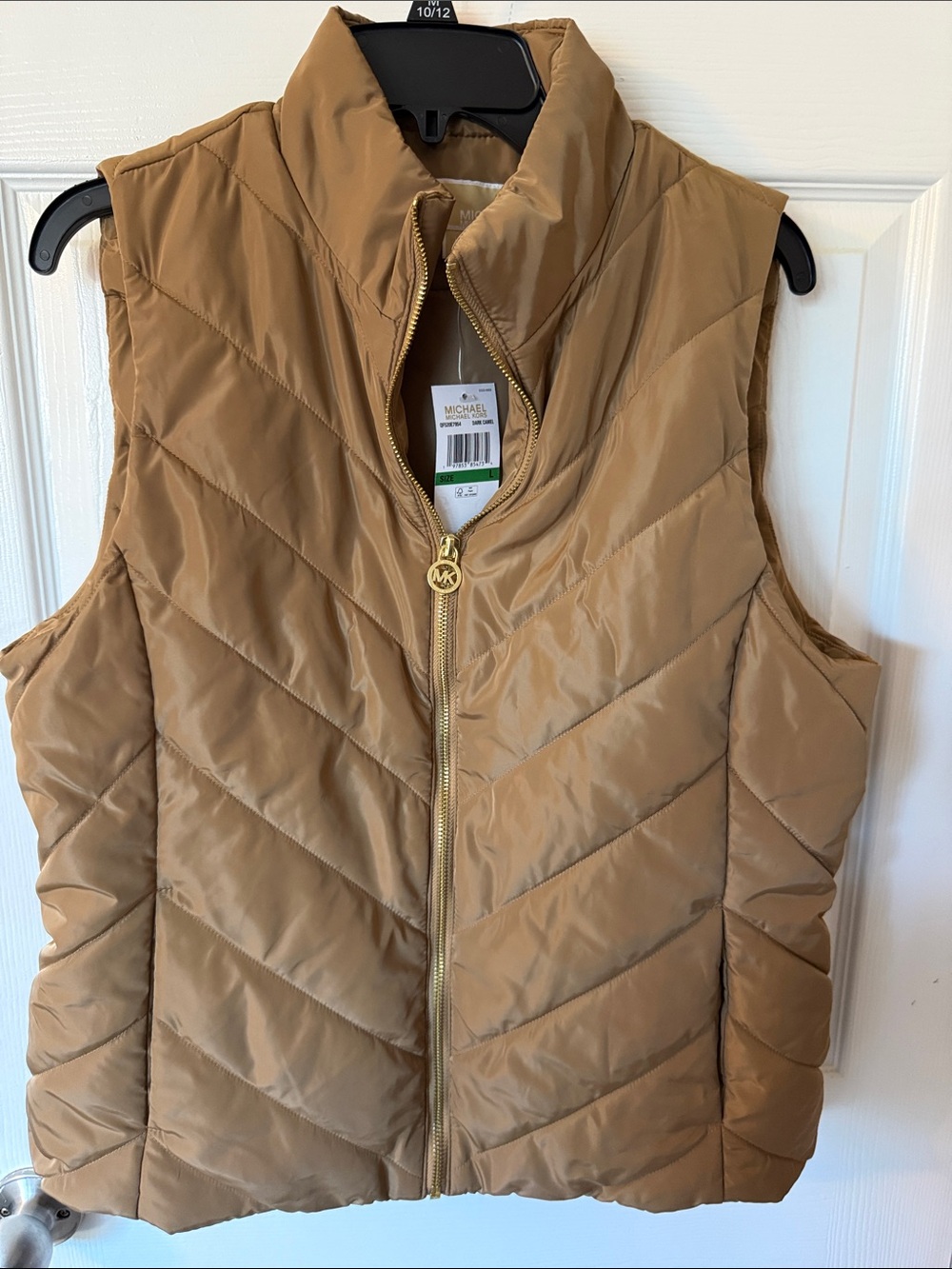 Michael Kors Women’s Quilted Puffer Vest Camel Tan Gold Zip Size L NWT